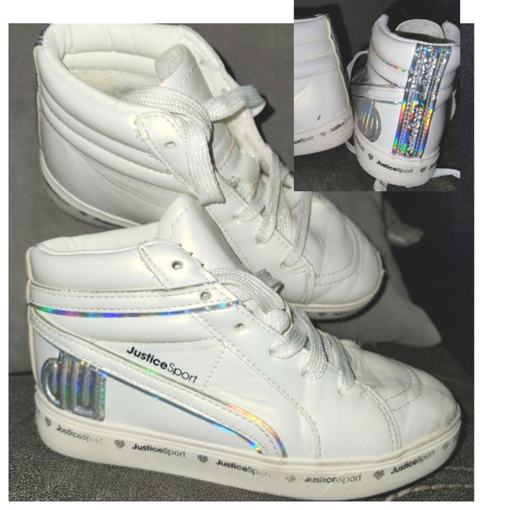 Halo iridescent shine and Pearl white Justice Girls Mid Top Court Sneakers